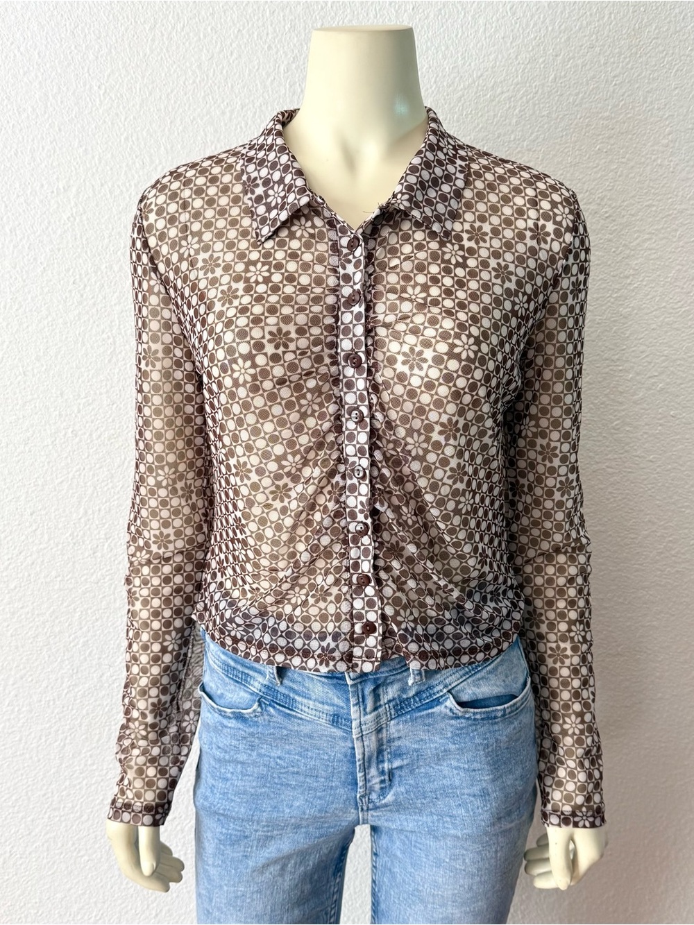 J for Justify Brown Floral Geometric Mesh Top Size L Vintage 90s Y2K Button Up